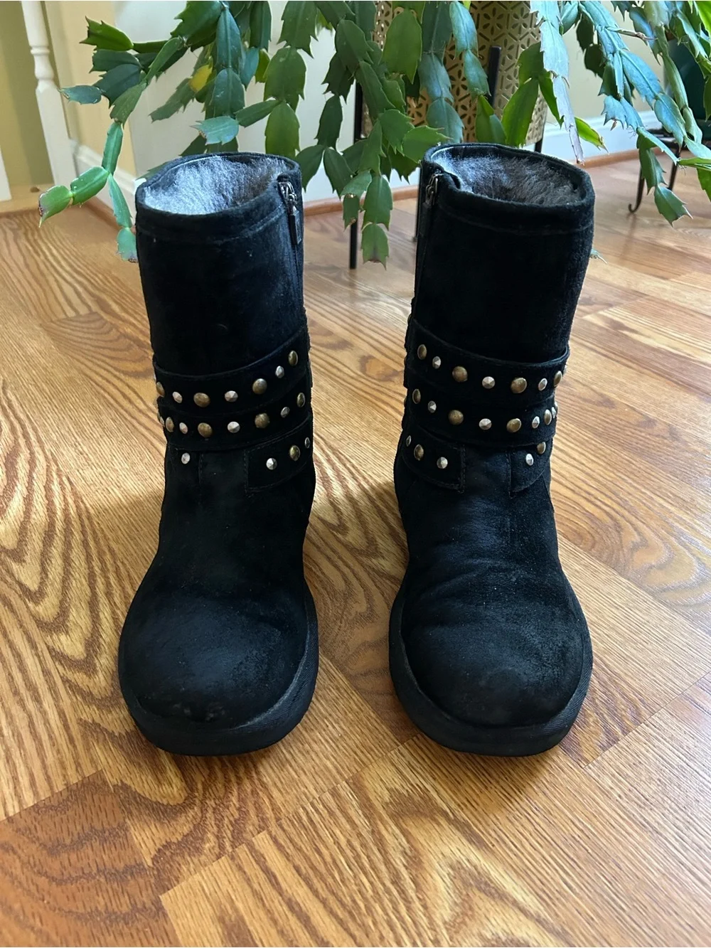 UGG black suede, shearling fur, studded, mid-calf boots
